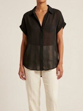Zenobia Women's Size 3XL Black Short Sleeve Chiffon Sheer Button Down Shirt
